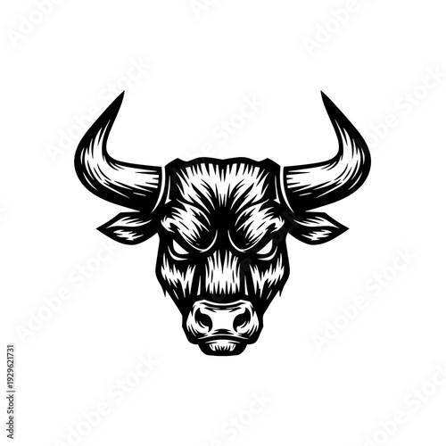 Black and White Bull Head Logo Vector Illustration in Vintage Engraving Style