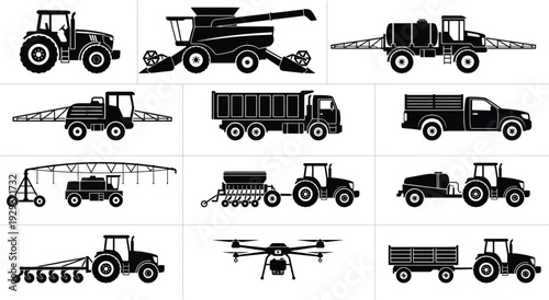 A comprehensive array of agricultural vehicles and farm machinery presented as detailed solid black silhouettes for farming and industry illustrations.