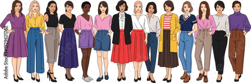 Women fashion illustration, diverse clothing styles, casual and semi‑formal outfits, skirts, pants, blouses, sweaters, dresses, footwear, diversity,