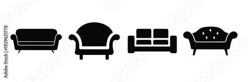 Sofa and Lounge Icon Set – Furniture, Couch, Armchair Vector Symbols for Interior Design