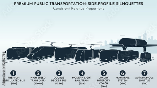 An informative graphic displaying side-profile silhouettes of various premium public transportation modes with consistent relative proportions and a cityscape background.