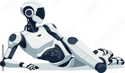 robot umanoide uomo donna sdraiata mentre dorme riposa stanca vettoriale 