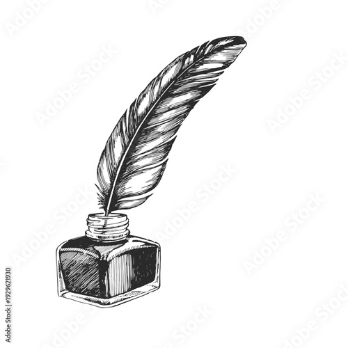 Vintage inkwell and quill vector. Hand-drawn glass bottle with bird feather in retro style. Antique writing tools for calligraphy.