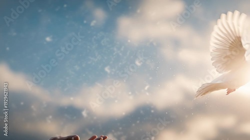 Hand Releasing Dove in Sky