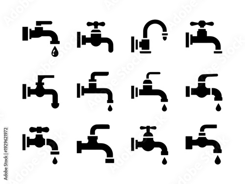 Black silhouette icons of various faucet designs and water taps