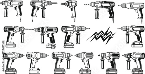 Industrial Electric Drill Vector Set with Cordless Power Drills, Hammer Drills, Impact Drivers, Battery Packs, Construction Tools, and Professional Hardware Icons