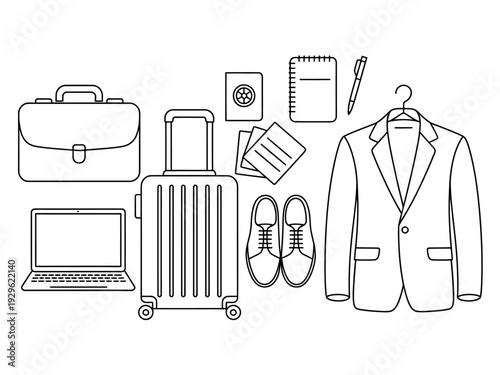 Travel essentials for business trip  luggage and clothing on white background