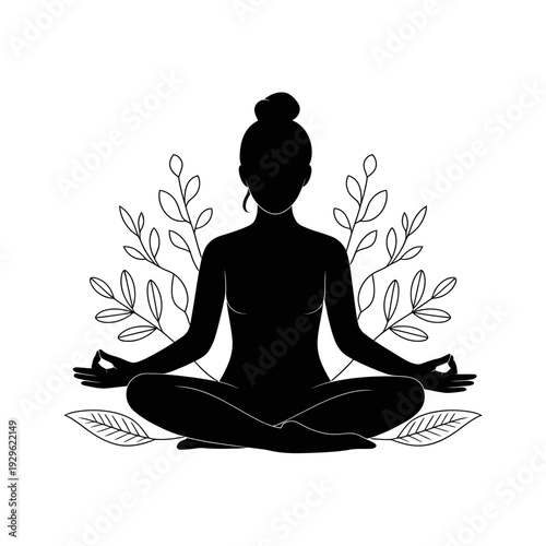 Woman in lotus position meditating with leaves behind her back in yoga pose