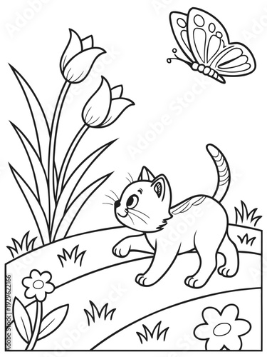 A curious cat sniffs flowers and watches a butterfly