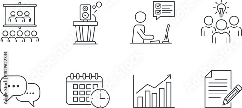 Business Training and Online Communication Line Icon Set with Presentation, Webinar, Analytics Chart and Document Editing Symbols
