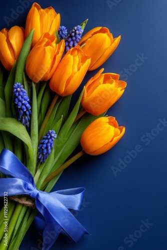 A bouquet of orange and blue flowers with a blue ribbon