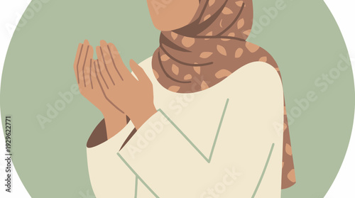 Muslim woman praying, holding hands up in a gesture of worship and supplication, digital art