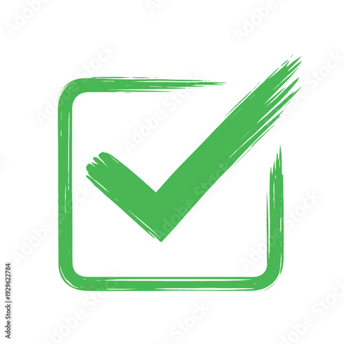 Green brush stroke checkmark in square checkbox, hand drawn approval symbol icon isolated on transparent background