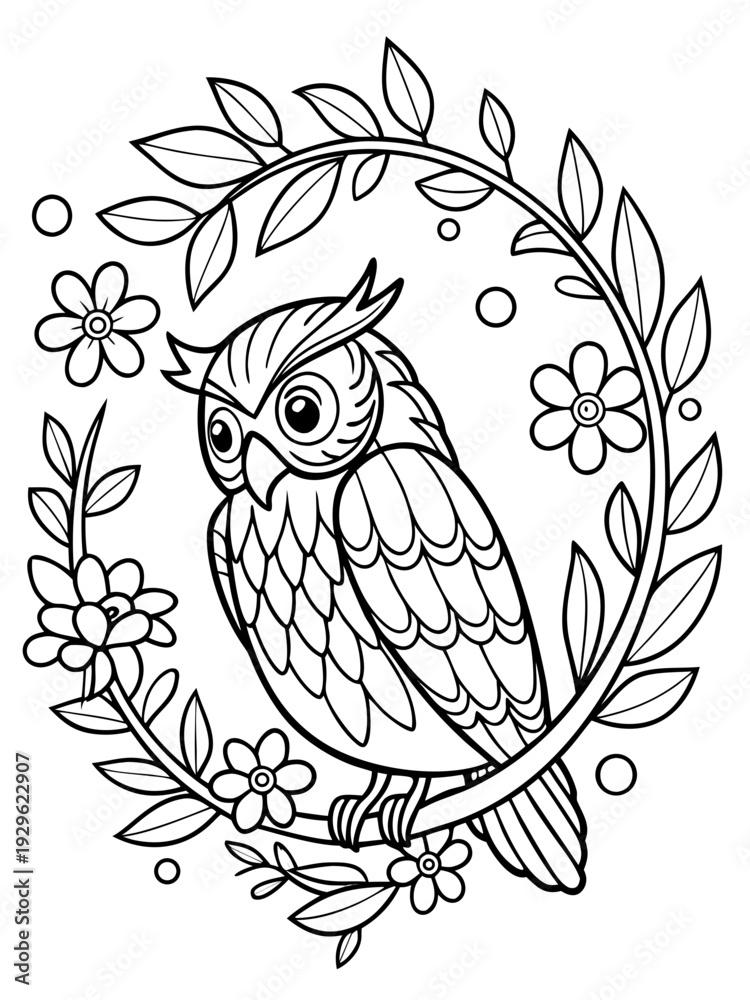 Obraz premium A black and white drawing of an owl surrounded by flowers