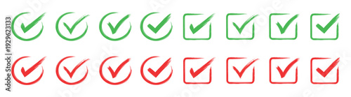 Green and red check mark icons set, approval and rejection symbols, minimalist flat vector illustration on transparent background