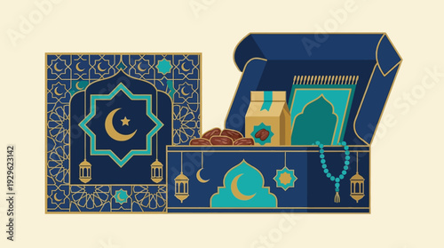 Vibrant illustration of a Ramadan gift box filled with prayer essentials and dates, perfect for celebrating the Islamic holy month and devotion