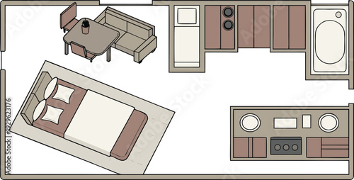 Detailed top-down floor plan of a modern campervan or caravan interior design with furniture and appliances.