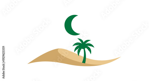 Green Palm Tree Under Crescent Moon.
