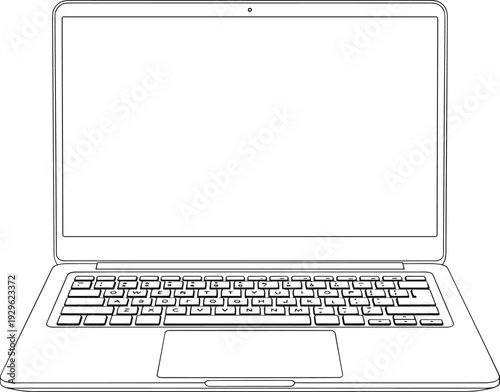 Laptop computer line art vector illustration with blank screen, front view notebook silhouette, keyboard and trackpad isolated on white background,