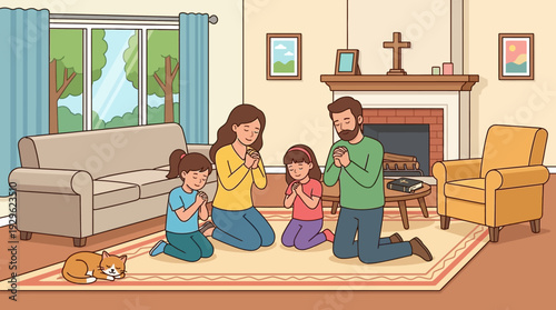 A heartwarming illustration of a family engaged in peaceful prayer at home, embracing faith, unity, and spiritual connection together