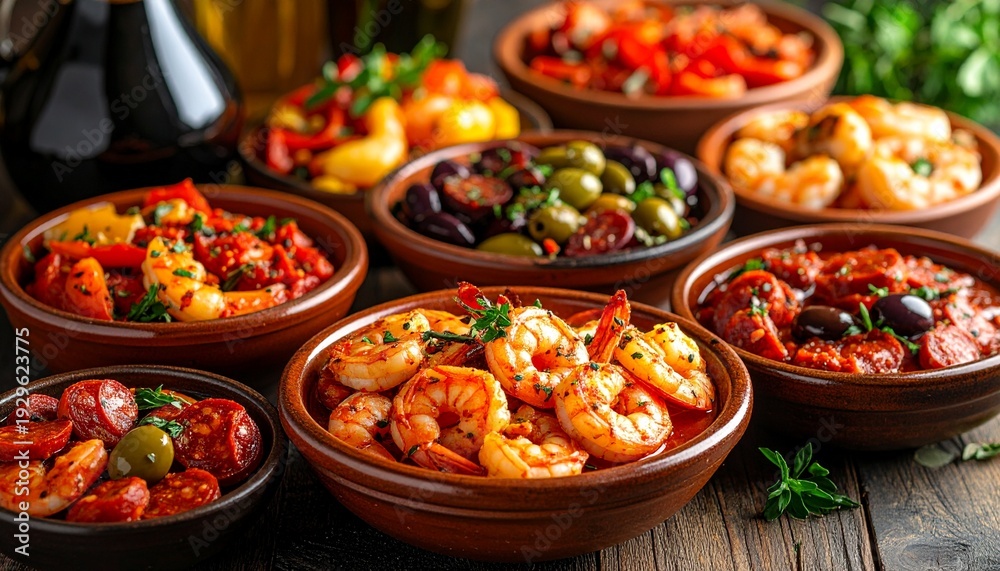 Obraz premium Spanien – Tapas Platte mit Garnelen und Chorizo