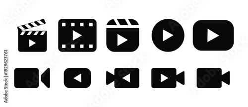 Play Button and Video Icon Set – Music, Movie, Camera, Clapperboard Vector Symbols