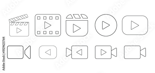 Play Button and Video Icon Set – Music, Movie, Camera, Clapperboard Vector Symbols