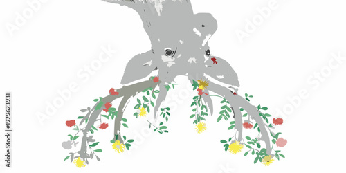 An octopus emerges from a tree adorned with vibrant flowers and foliage