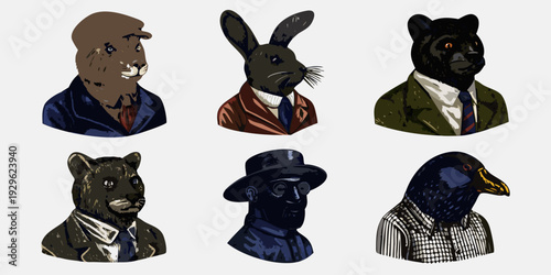 Anthropomorphic animals in formal attire pose for a quirky portrait