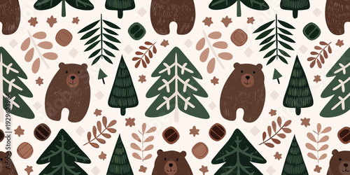 Whimsical pattern featuring bears trees and woodland elements