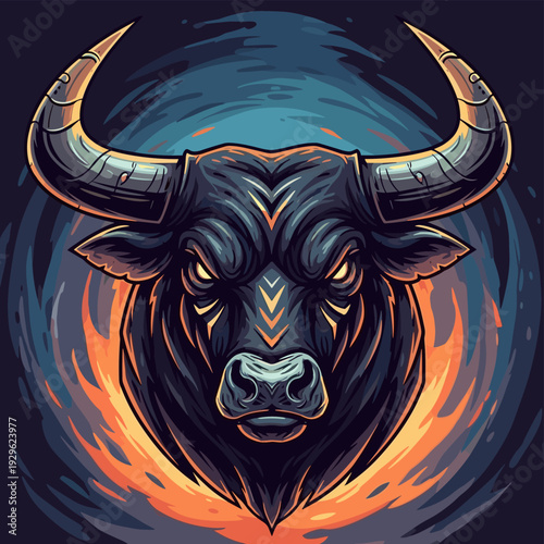 Furious bull head illustration with powerful horns and fiery glow