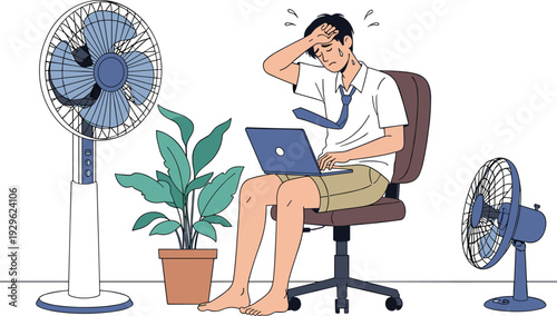 Man working on laptop in hot office environment feeling sweaty and exhausted using electric fans to cool down during summer