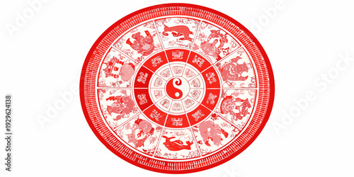 A circular chinese zodiac wheel with red paper cut style illustrations