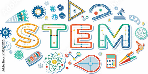 Colorful illustration representing stem fields with various tools and concepts