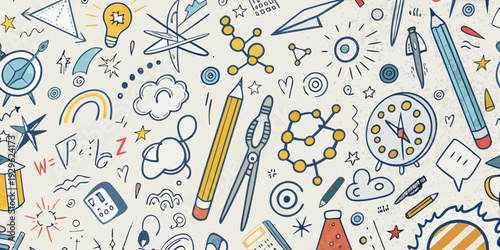 Colorful doodle illustration featuring school and science related objects