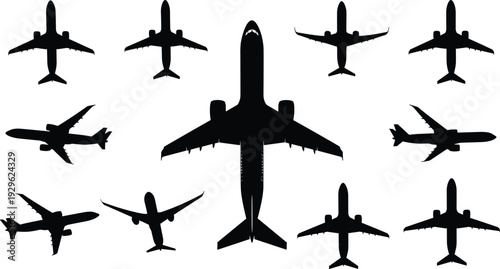 Airplane silhouette set, passenger aircraft flying transport vector isolated white background aviation illustration collection design concept