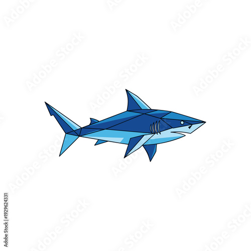 Geometric blue shark illustration in polygonal style on white background