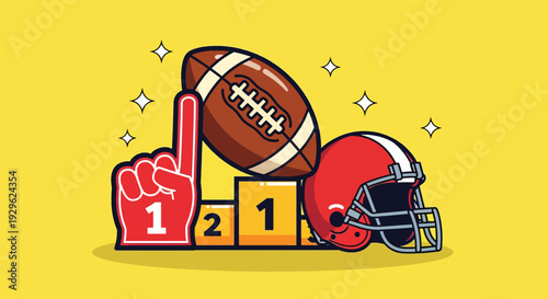 American Football Championship Podium with Helmet and Ball.