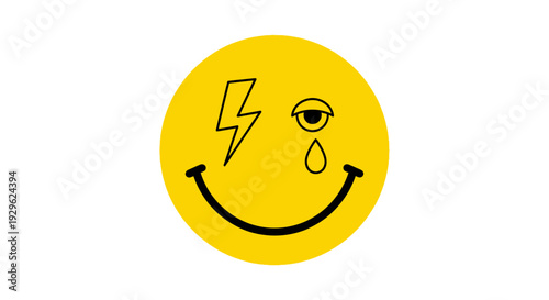 Smiling face with lightning and tear.