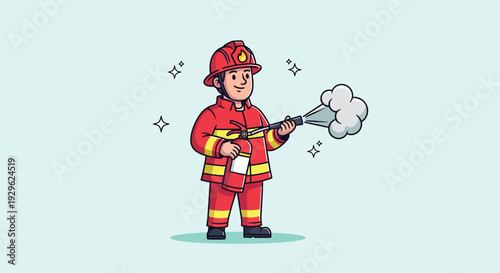 Cartoon Firefighter in Uniform Spraying Water from Hose.