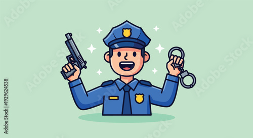 Cartoon Police Officer Holding Gun and Handcuffs.