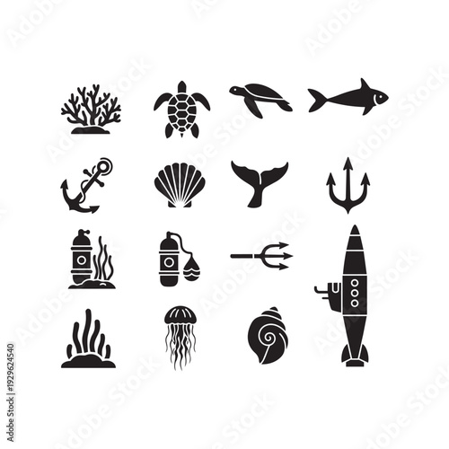 Ocean life and nautical equipment silhouette icon set for diving