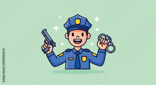 Cartoon Police Officer Holding Handcuffs and Gun.