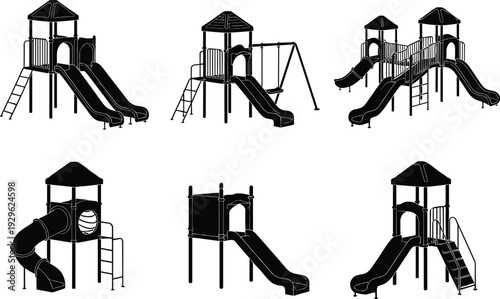Playground Equipment Silhouette Vector Set, Outdoor Children Play Structure Icons, Slide and Swing Set Graphics, Park Recreational Activity Design Elements, Black