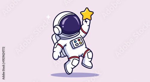 Cute astronaut character floating in space holding a golden star.