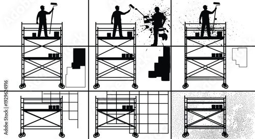 Professional painter working on scaffolding, wall painting process silhouette illustration, home renovation construction concept with roller and paint splatter