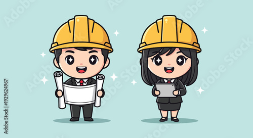 Cute Cartoon Engineers Holding Blueprints and Plans 1.