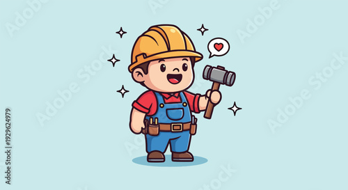 Cute Cartoon Construction Worker Holding Hammer.
