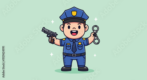 Cute cartoon police officer character holding a gun and handcuffs.