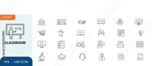 Classroom icons and educational symbols in a grid layout